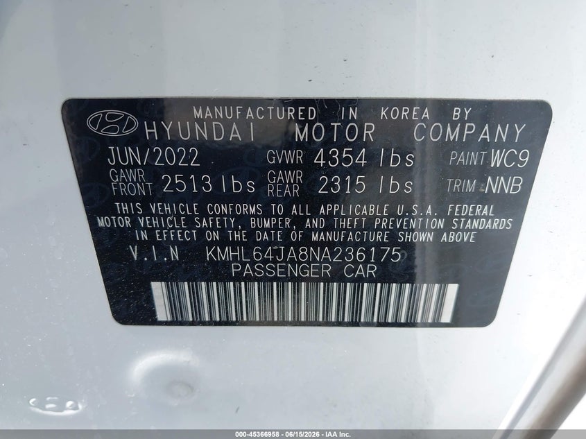 2022 Hyundai Sonata VIN KMHL64JA8NA236175 IAAI salvage auction — REAR END, Salvage Title, sold $5,800 on 2026-07-29 (photo 9)