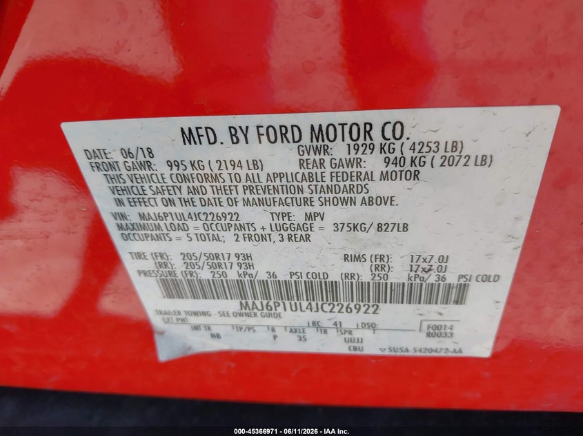 2018 Ford Ecosport VIN MAJ6P1UL4JC226922 IAAI salvage auction — RIGHT SIDE, Salvage (Iowa), sold $2,050 on 2026-07-21 (photo 9)
