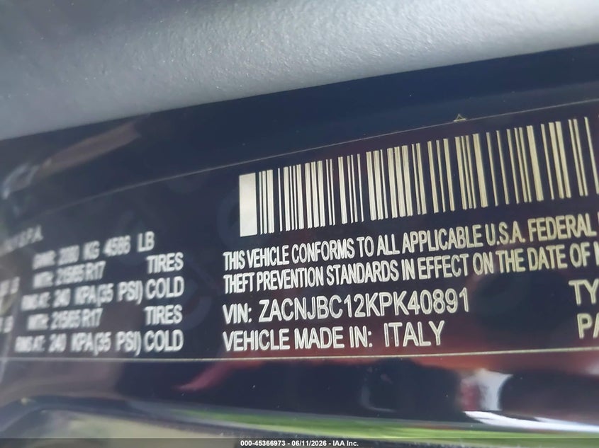 2019 Jeep Renegade VIN ZACNJBC12KPK40891 IAAI salvage auction — NORMAL WEAR, Clear-Dealer Only (Arizona), sold $1,675 on 2026-07-28 (photo 9)