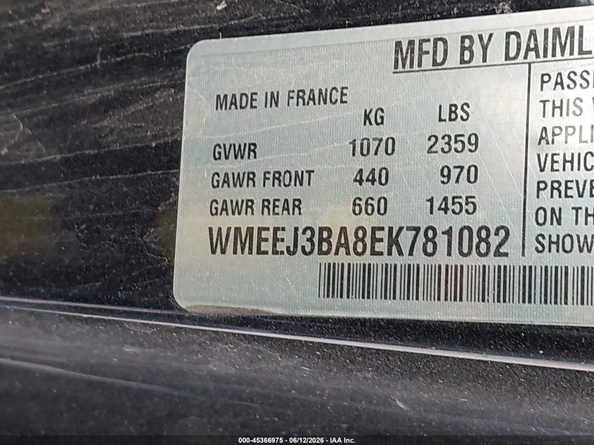 2014 Smart Fortwo VIN WMEEJ3BA8EK781082 IAAI salvage auction — ENGINE DAMAGE, Original (Texas), sold $400 on 2026-09-01 (photo 9)