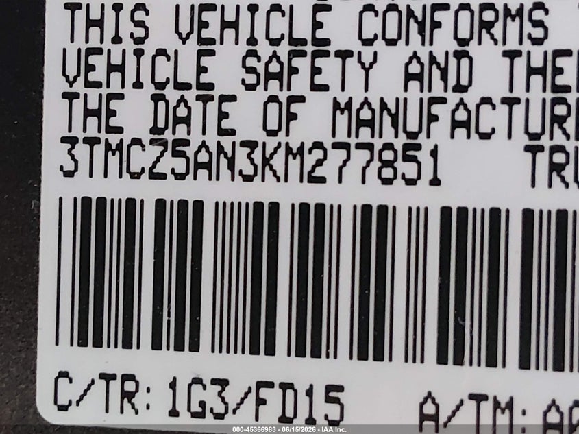 2019 Toyota Tacoma VIN 3TMCZ5AN3KM277851 IAAI salvage auction — ROLLOVER, Salvage Title, sold $8,750 on 2026-08-24 (photo 9)