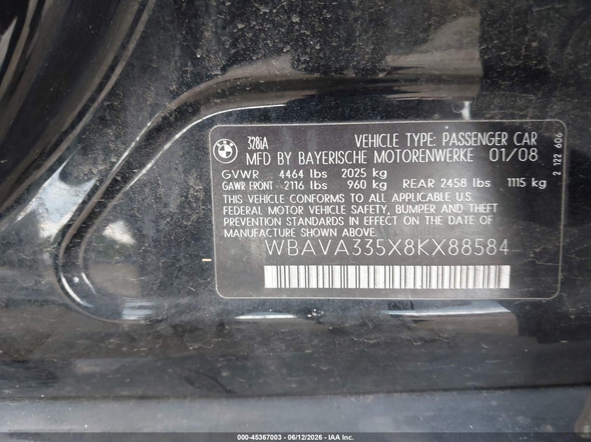 2008 BMW 3er VIN WBAVA335X8KX88584 IAAI salvage auction — FRONT END, Clear (Virginia), sold $25 on 2026-07-30 (photo 9)