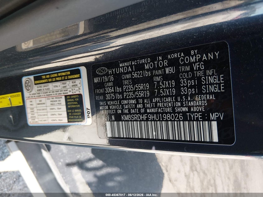 2017 Hyundai Santa fe VIN KM8SRDHF9HU198026 IAAI salvage auction — RIGHT FRONT, Salvage (Illinois), sold $3,900 on 2026-07-28 (photo 9)