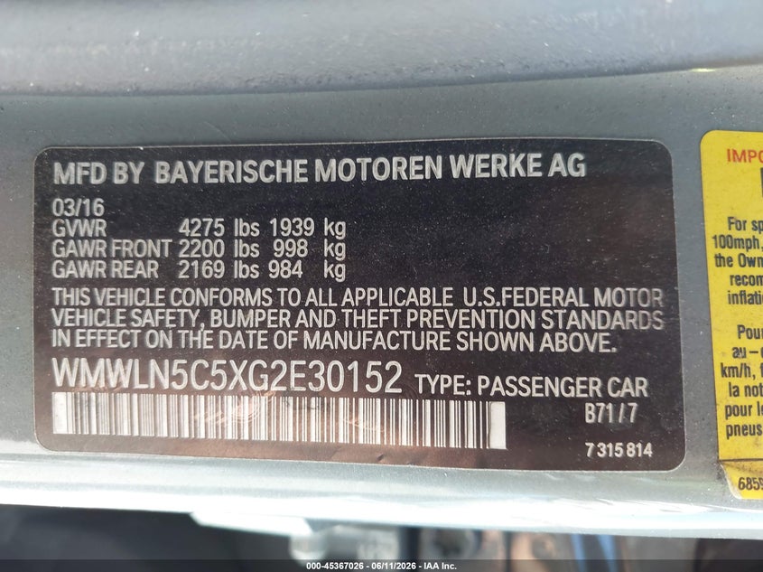 2016 Mini Clubman VIN WMWLN5C5XG2E30152 IAAI salvage auction — FRONT END, Salvage Title, sold $1,300 on 2026-07-29 (photo 9)