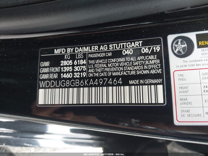 2019 Mercedes-benz S-klasse VIN WDDUG8GB6KA497464 IAAI salvage auction — FRONT END, Mv-907A (New York), sold $10,100 on 2026-07-30 (photo 9)