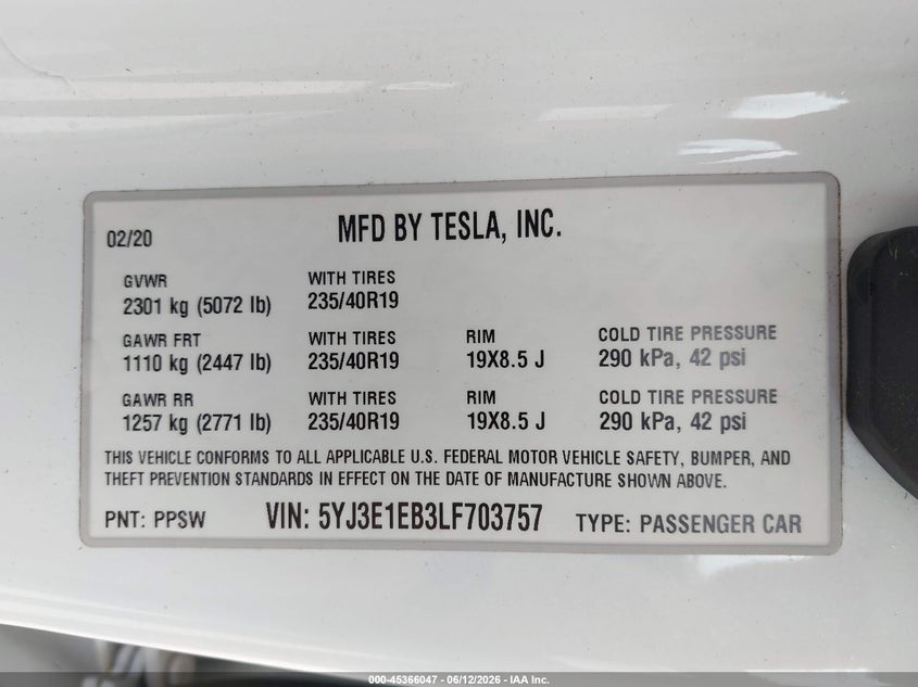 2020 Tesla Model 3 VIN 5YJ3E1EB3LF703757 IAAI salvage auction — REAR END, Salvage (Ohio), sold $11,500 on 2026-07-06 (photo 9)