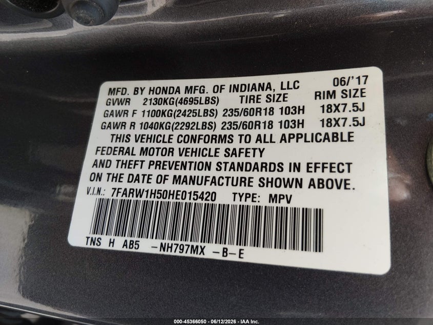 2017 Honda Cr-v VIN 7FARW1H50HE015420 IAAI salvage auction — FRONT END, Salvage (North Carolina), sold $5,000 on 2026-07-29 (photo 9)