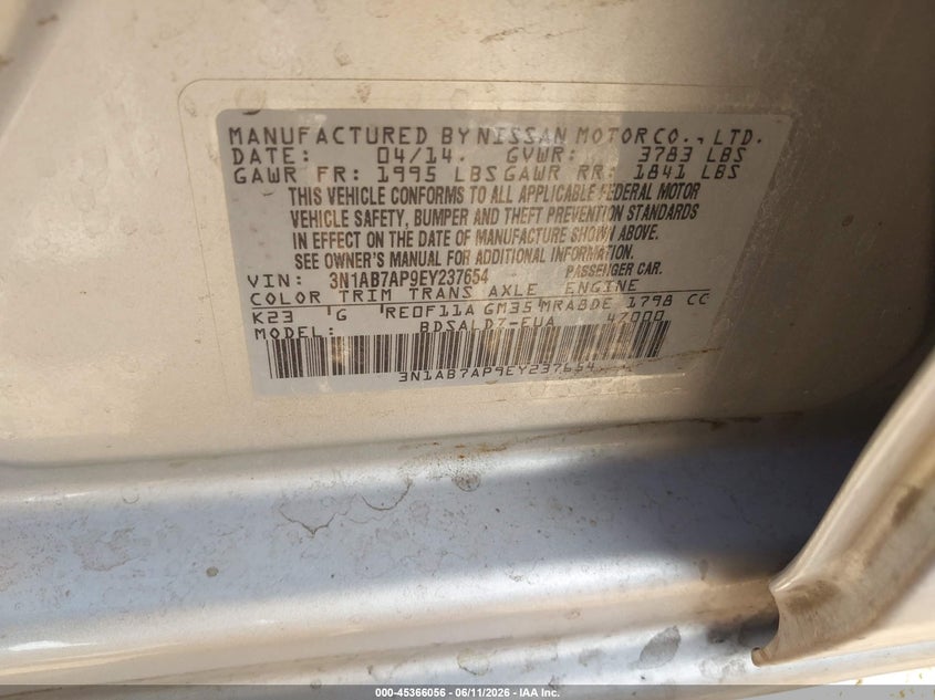 2014 Nissan Sentra VIN 3N1AB7AP9EY237654 IAAI salvage auction — FRONT END, Salvage (Arizona), sold $650 on 2026-07-09 (photo 9)