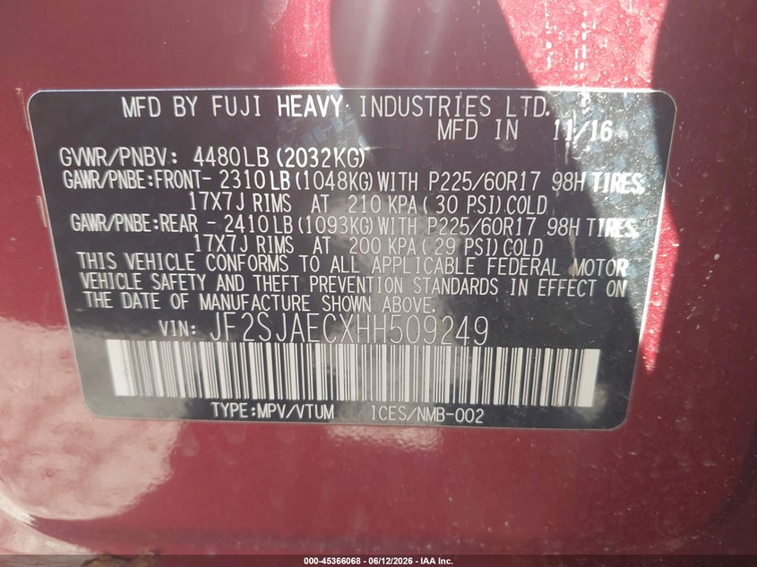 2017 Subaru Forester VIN JF2SJAECXHH509249 IAAI salvage auction — FRONT END, Salvage Title, sold $925 on 2026-07-30 (photo 9)