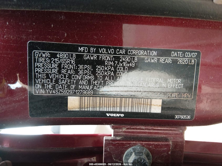 2007 Volvo Xc70 VIN YV4SZ592971279689 IAAI salvage auction — LEFT SIDE, Salvage (New Hampshire), sold $300 on 2026-08-12 (photo 9)