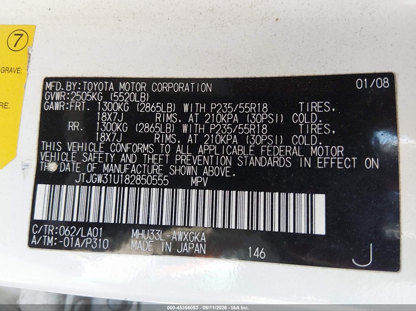2008 Lexus Rx 400h VIN JTJGW31U182850555 IAAI salvage auction — LEFT REAR, Salvage (California), sold $1,500 on 2026-07-29 (photo 9)