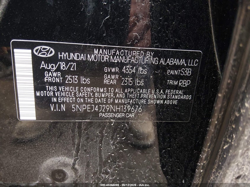 2022 Hyundai Sonata VIN 5NPEJ4J29NH139676 IAAI salvage auction — FRONT END, Salvage Title, sold $4,300 on 2026-07-16 (photo 9)