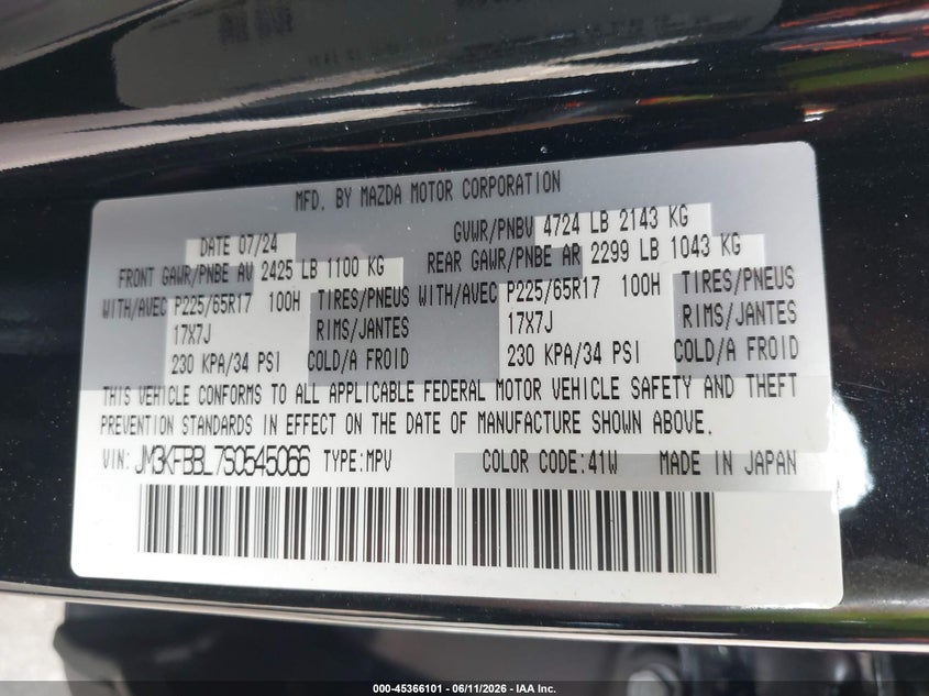 2025 Mazda Cx-5 VIN JM3KFBBL7S0545066 IAAI salvage auction — FRONT END, Mv-907A (New York), sold $13,000 on 2026-07-28 (photo 9)
