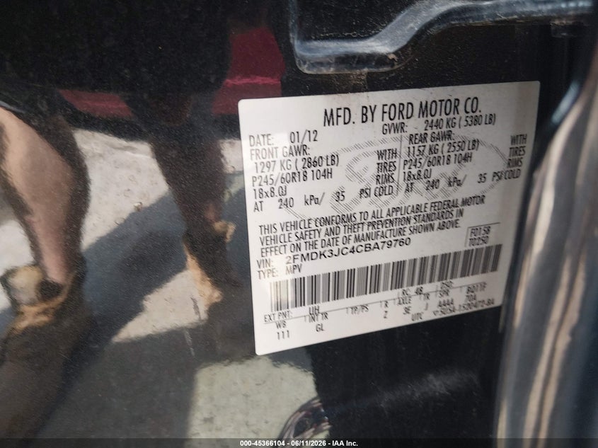 2012 Ford Edge VIN 2FMDK3JC4CBA79760 IAAI salvage auction — FRONT END, Salvage (Kentucky), sold $550 on 2026-07-27 (photo 9)