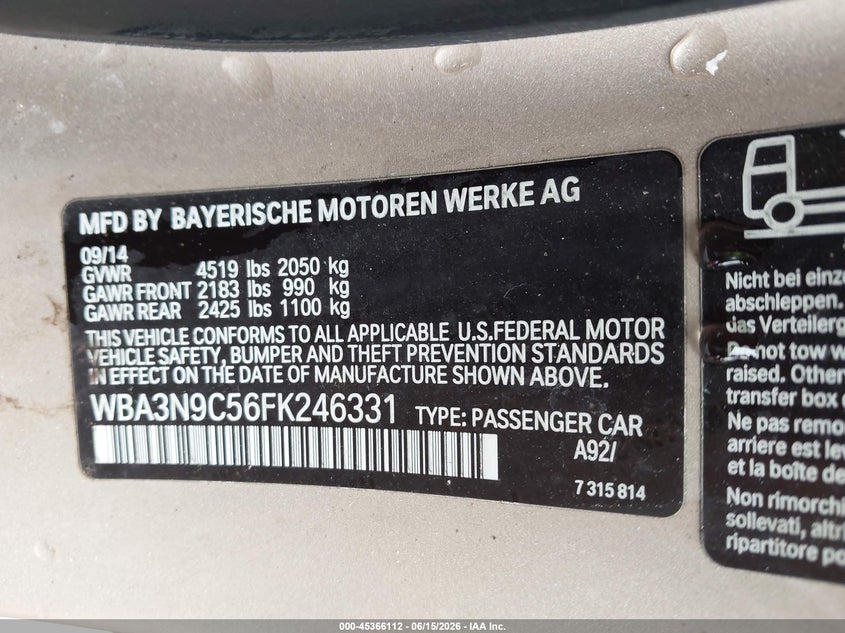 2015 BMW 4er VIN WBA3N9C56FK246331 IAAI salvage auction — WATER/FLOOD, Rebuildable (Florida), sold $300 on 2026-07-28 (photo 9)