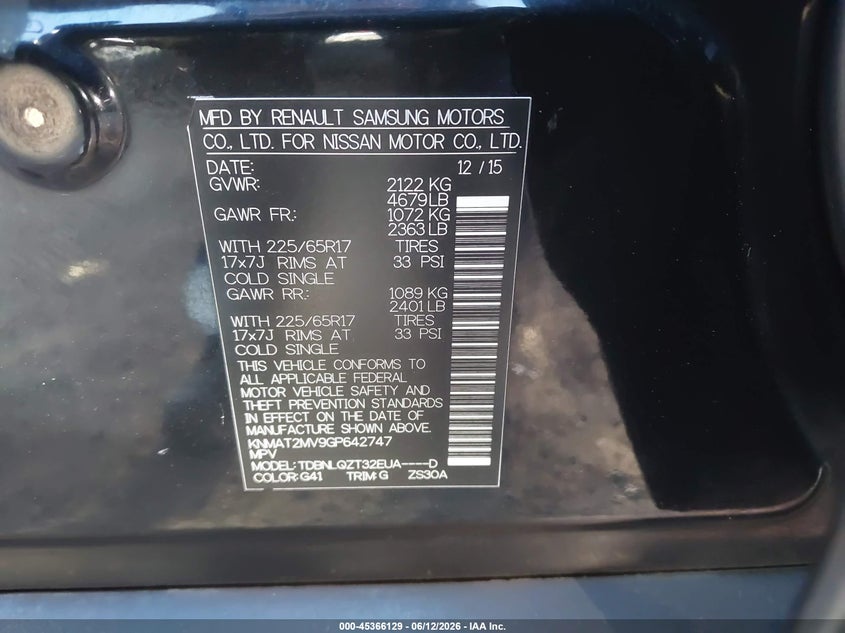 2016 Nissan Rogue VIN KNMAT2MV9GP642747 IAAI salvage auction — RIGHT FRONT, Bill Of Sale (Washington), sold $375 on 2026-07-14 (photo 9)