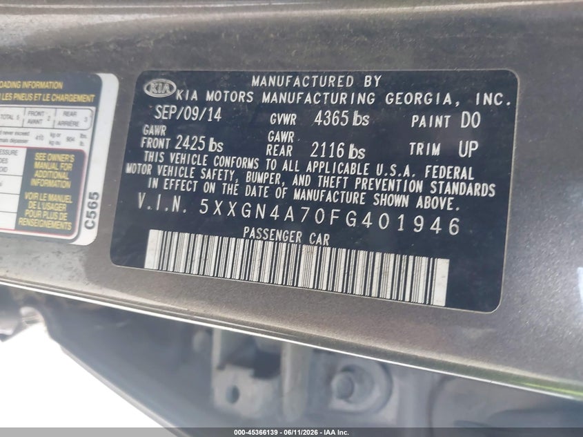 2015 Kia Optima VIN 5XXGN4A70FG401946 IAAI salvage auction — NORMAL WEAR, Original (Texas), sold $625 on 2026-07-24 (photo 9)