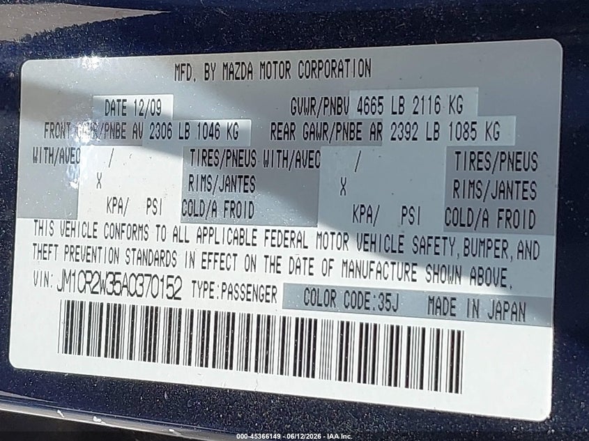 2010 Mazda 5 VIN JM1CR2W35A0370152 IAAI salvage auction — NORMAL WEAR, Clear (Kansas), sold $25 on 2026-07-08 (photo 9)