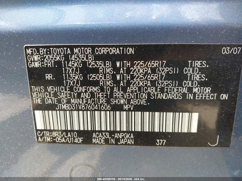 2007 Toyota Rav4 VIN JTMBD31V876041606 IAAI salvage auction — LEFT REAR, Salvage (Massachusetts), sold $25 on 2026-07-28 (photo 9)
