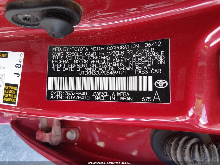 2012 Toyota Prius VIN JTDKN3DU9C5469121 IAAI salvage auction — NORMAL WEAR, Clear (Arizona), sold $2,000 on 2026-07-31 (photo 9)