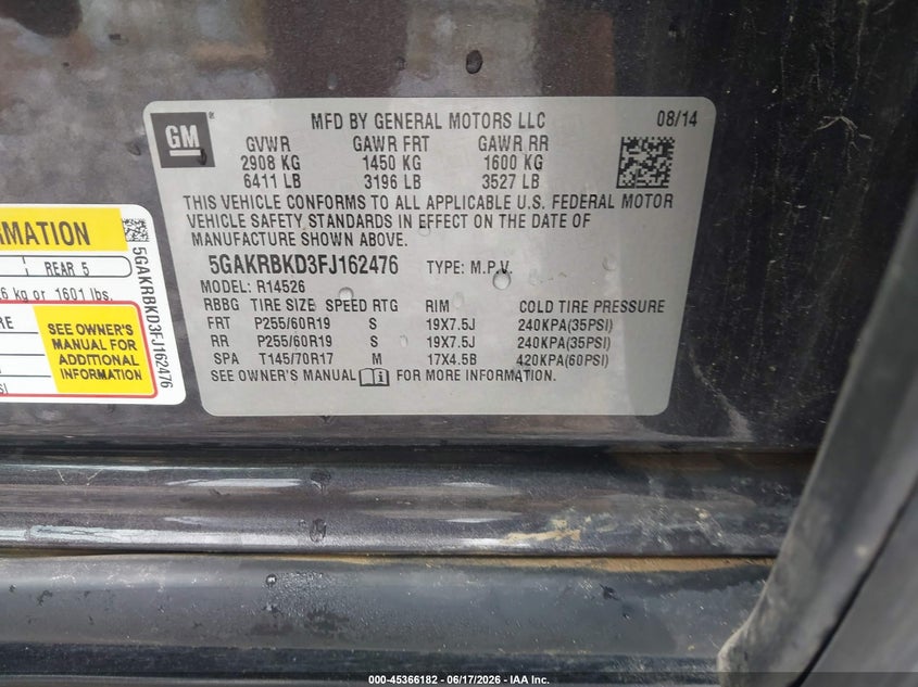 2015 Buick Enclave VIN 5GAKRBKD3FJ162476 IAAI salvage auction — ENGINE DAMAGE, Salvage (Mississippi), sold $225 on 2026-07-24 (photo 9)