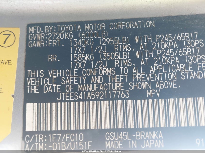 2009 Toyota Highlander VIN JTEES41A592117763 IAAI salvage auction — LEFT SIDE, Clear (Virginia), sold $1,325 on 2026-07-13 (photo 9)