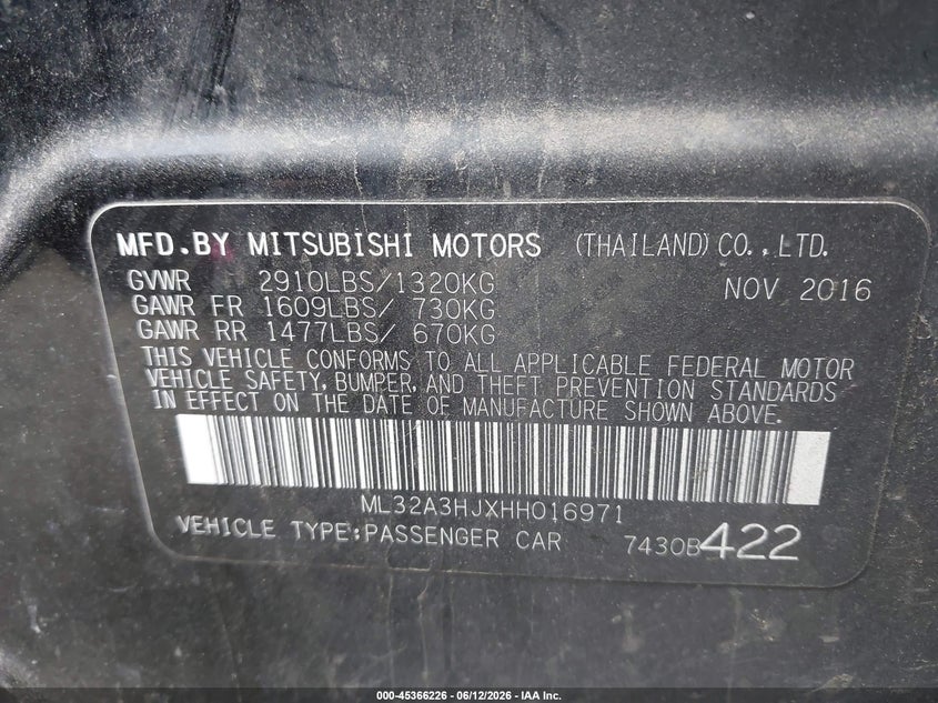 2017 Mitsubishi Mirage VIN ML32A3HJXHH016971 IAAI salvage auction — FRONT END, Salvage Title, sold $375 on 2026-07-14 (photo 9)