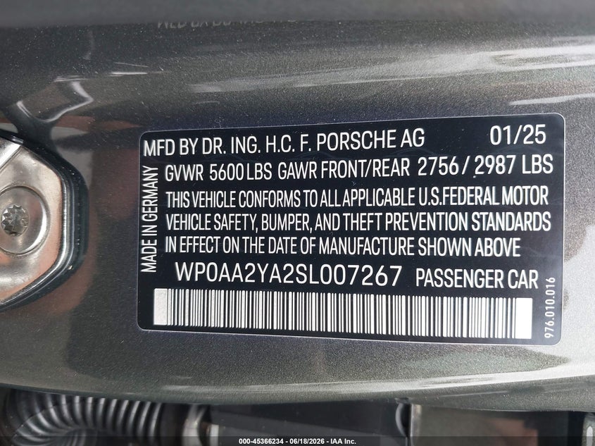2025 Porsche Panamera VIN WP0AA2YA2SL007267 IAAI salvage auction — FRONT END, Mv-907A (New York), sold $47,800 on 2026-07-13 (photo 9)