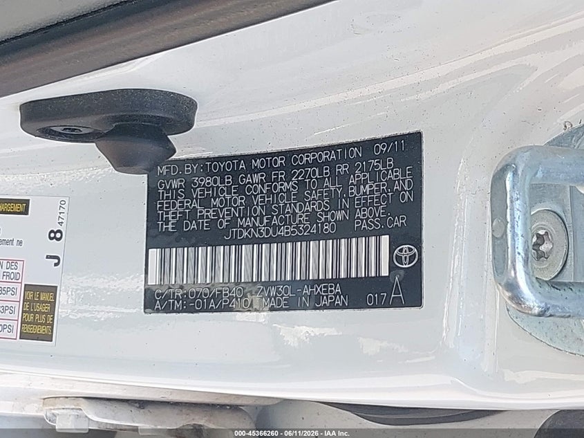 2011 Toyota Prius VIN JTDKN3DU4B5324180 IAAI salvage auction — LEFT SIDE, Salvage (Kentucky), sold $1,550 on 2026-07-23 (photo 9)