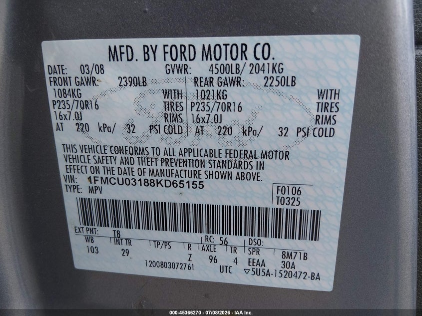 2008 Ford Escape VIN 1FMCU03188KD65155 IAAI salvage auction — NORMAL WEAR, Clear (Tennessee), sold $550 on 2026-07-23 (photo 9)
