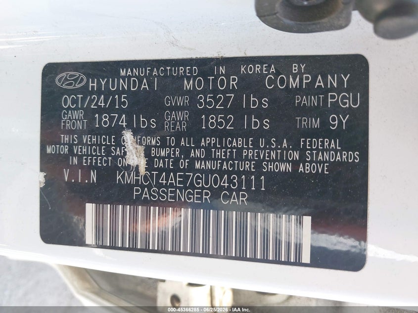 2016 Hyundai Accent VIN KMHCT4AE7GU043111 IAAI salvage auction — NORMAL WEAR, App For Dup Clear (California), sold $725 on 2026-07-14 (photo 9)