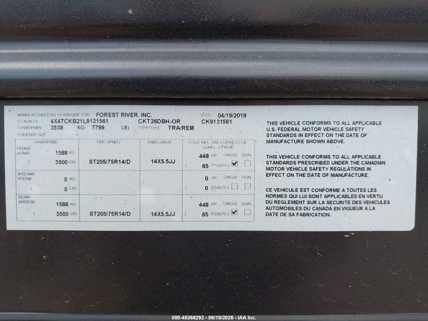 2020 Forest river Grey wolf VIN 4X4TCKB21L9131561 IAAI salvage auction — SIDE, Bill Of Sale (Washington), sold $3,050 on 2026-07-08 (photo 9)