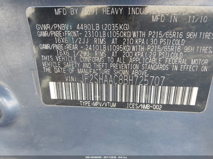 2011 Subaru Forester VIN JF2SHAAC8BH725707 IAAI salvage auction — UNKNOWN, Bill Of Sale (Washington), sold $950 on 2026-07-21 (photo 9)