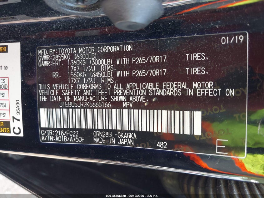 2019 Toyota 4runner VIN JTEBU5JR2K5665166 IAAI salvage auction — RIGHT FRONT, Salvage (Alabama), sold $12,750 on 2026-08-21 (photo 9)