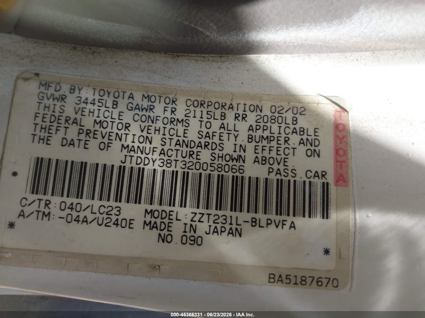 2002 Toyota Celica VIN JTDDY38T320058066 IAAI salvage auction — NORMAL WEAR, Clear-Dealer Only (Arizona), sold $375 on 2026-07-21 (photo 9)