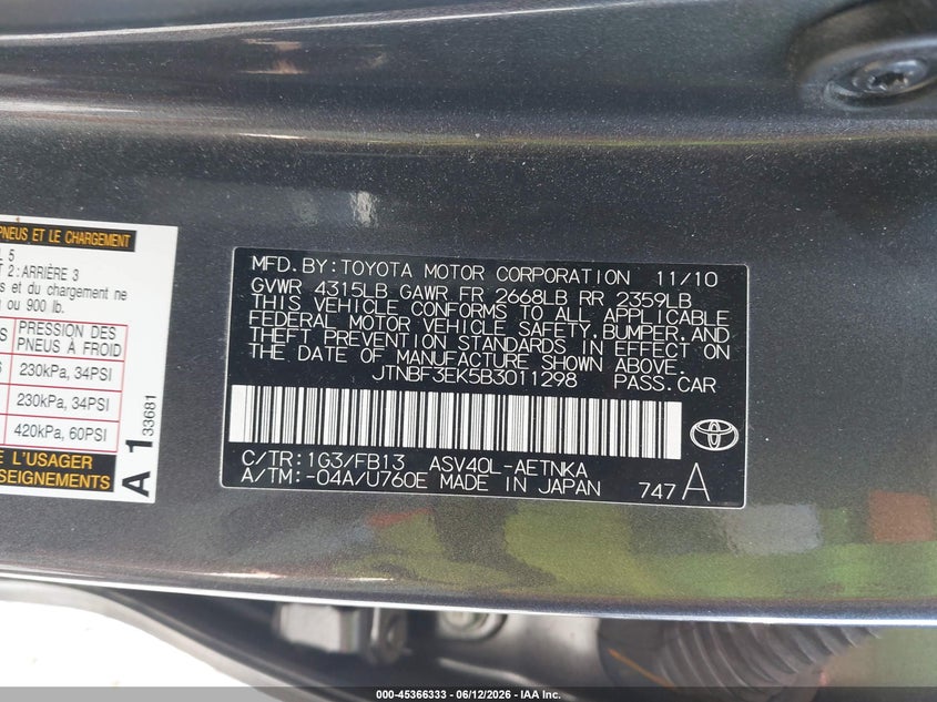 2011 Toyota Camry VIN JTNBF3EK5B3011298 IAAI salvage auction — FRONT & REAR, Bill Of Sale (Washington), sold $2,150 on 2026-08-01 (photo 9)