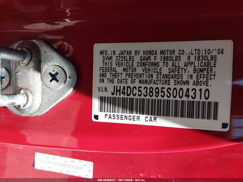 2005 Acura Rsx VIN JH4DC53895S004310 IAAI salvage auction — FRONT END, Salvage (Utah), sold $400 on 2026-07-09 (photo 9)