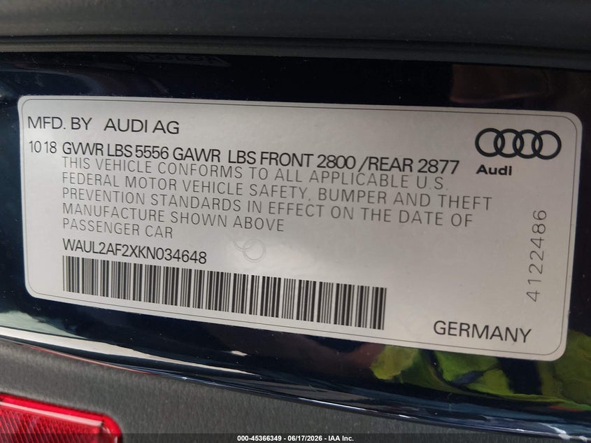 2019 Audi A6 VIN WAUL2AF2XKN034648 IAAI salvage auction — FRONT & REAR, Salvage (Maine), sold $6,400 on 2026-08-16 (photo 9)