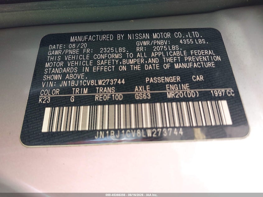 2020 Nissan Rogue VIN JN1BJ1CV8LW273744 IAAI salvage auction — RIGHT FRONT, Certificate Of Destruction (Florida), sold $1,250 on 2026-07-30 (photo 9)