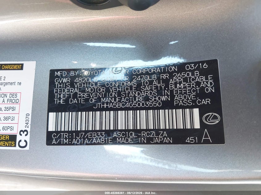 2016 Lexus Rc VIN JTHHA5BC4G5003550 IAAI salvage auction — LEFT FRONT, Salvage (California), sold $3,450 on 2026-07-15 (photo 9)