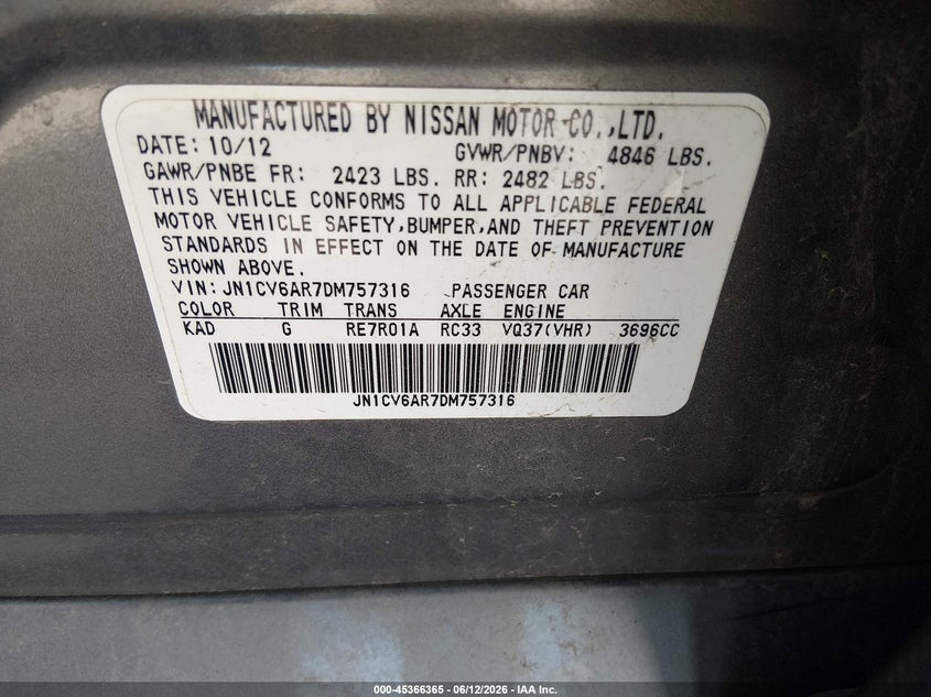 2013 Infiniti G VIN JN1CV6AR7DM757316 IAAI salvage auction — REAR END, Salvage (Minnesota), sold $1,300 on 2026-08-24 (photo 9)