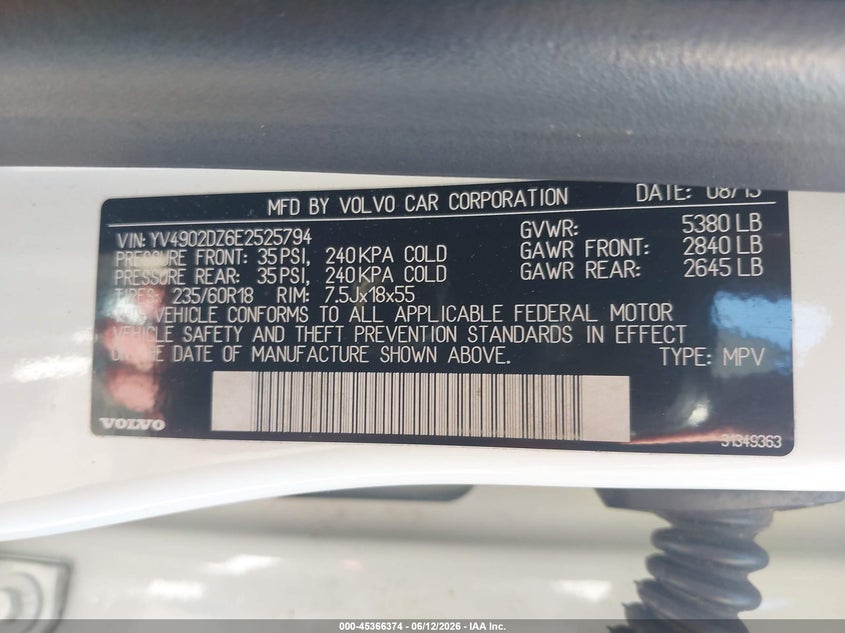 2014 Volvo Xc60 VIN YV4902DZ6E2525794 IAAI salvage auction — FRONT END, Salvage (New Jersey), sold $2,350 on 2026-07-29 (photo 9)