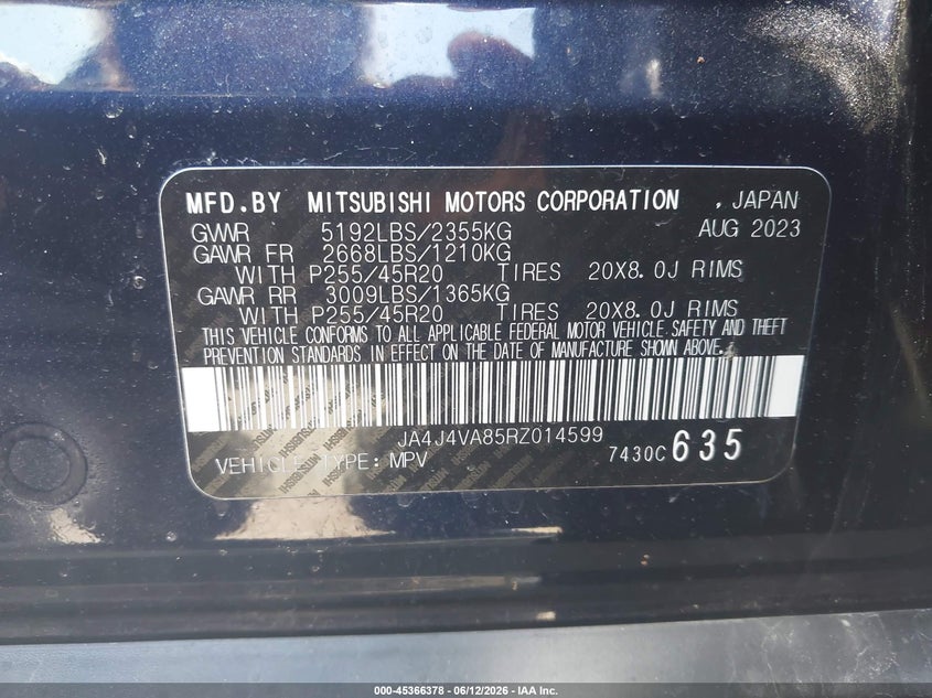 2024 Mitsubishi Outlander VIN JA4J4VA85RZ014599 IAAI salvage auction — FRONT END, Salvage Title, sold $8,100 on 2026-07-23 (photo 9)