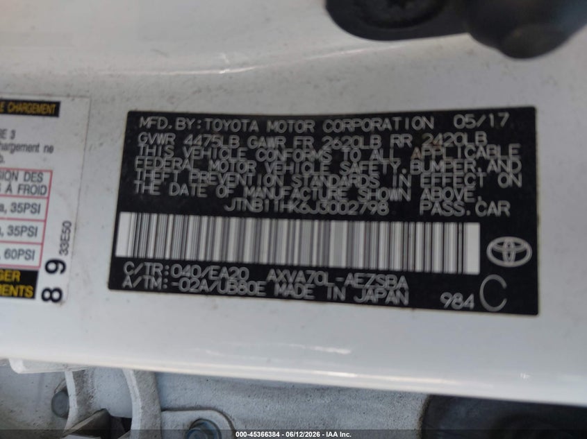 2018 Toyota Camry VIN JTNB11HK6J3002798 IAAI salvage auction — FRONT END, Salvage (Virginia), sold $2,600 on 2026-07-28 (photo 9)