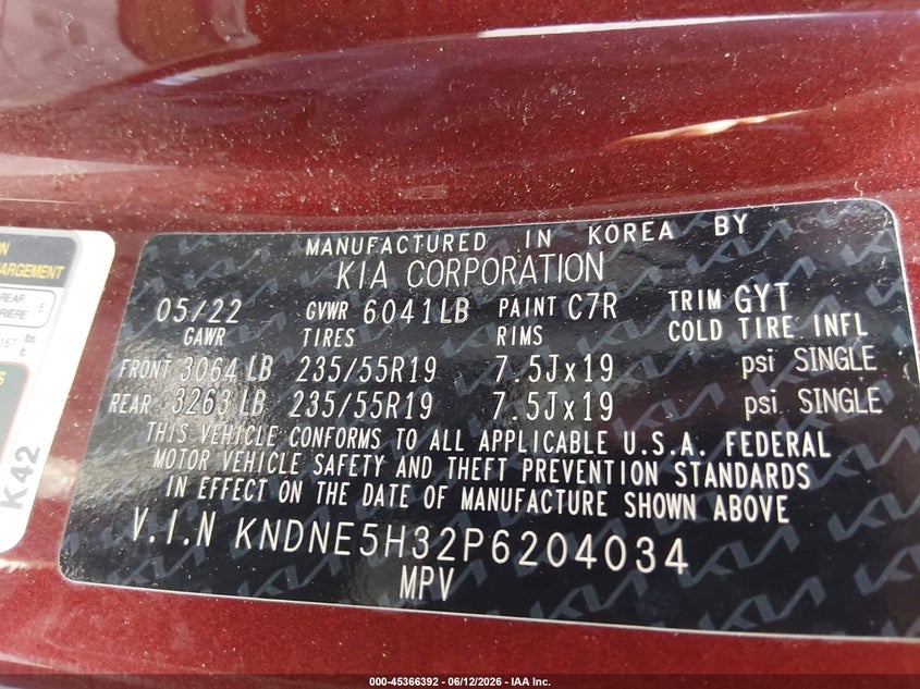 2023 Kia Carnival VIN KNDNE5H32P6204034 IAAI salvage auction — LEFT SIDE, Salvage (Ohio), sold $9,300 on 2026-07-21 (photo 9)