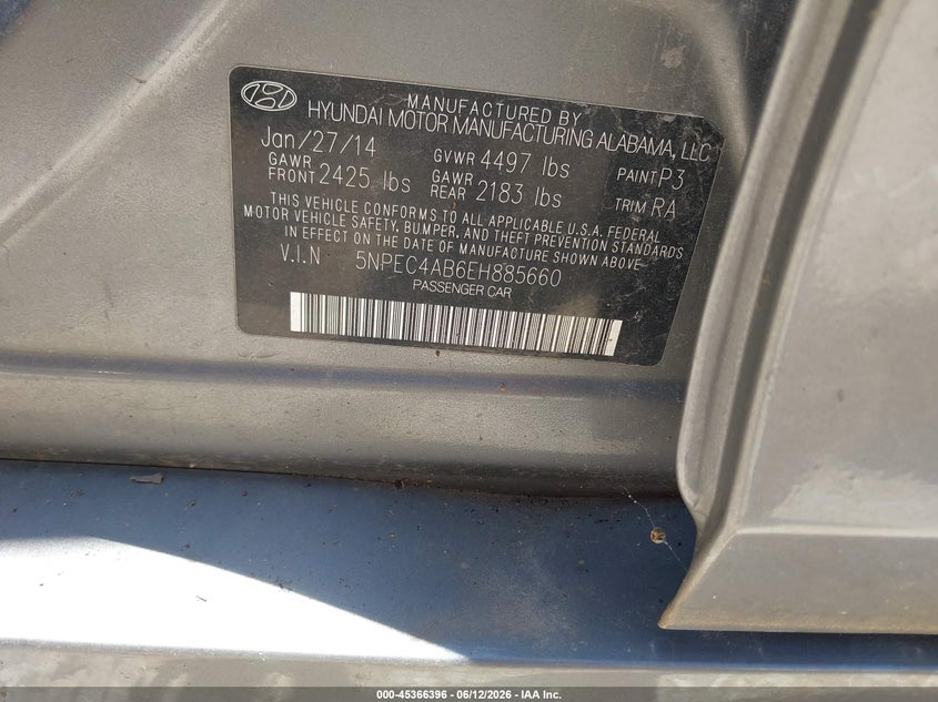 2014 Hyundai Sonata VIN 5NPEC4AB6EH885660 IAAI salvage auction — BIO HAZARD, Clear (Missouri), sold $125 on 2026-07-13 (photo 9)
