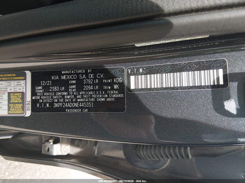 2022 Kia Forte VIN 3KPF24AD0NE445351 IAAI salvage auction — REAR END, Salvage Title, sold $3,050 on 2026-07-31 (photo 9)