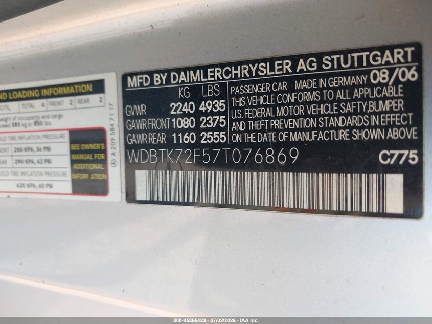 2007 Mercedes-benz Clk-klasse VIN WDBTK72F57T076869 IAAI salvage auction — REAR END, Salvage (Louisiana), sold $400 on 2026-07-28 (photo 9)
