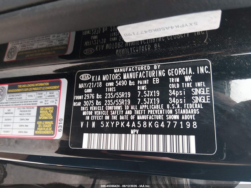 2019 Kia Sorento VIN 5XYPK4A58KG477198 IAAI salvage auction — FRONT END, Junk (Oklahoma), sold $2,850 on 2026-07-16 (photo 9)