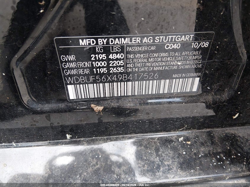 2009 Mercedes-benz E-class VIN WDBUF56X49B417526 IAAI salvage auction — ROOF, Salvage (Texas), sold $650 on 2026-07-16 (photo 9)